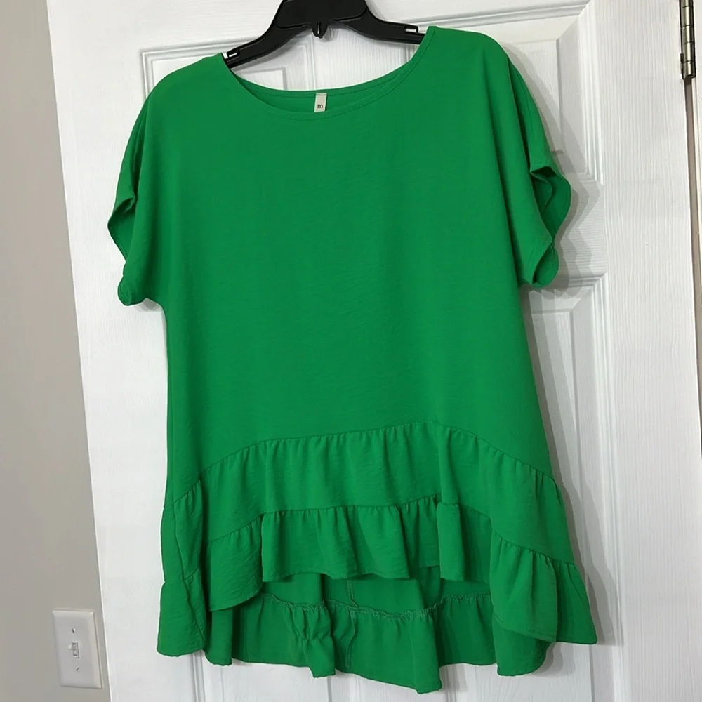 MTS Size Small Green Babydoll Ruffled Hem Short Sleeve Chiffon Top - Picture 2 of 4